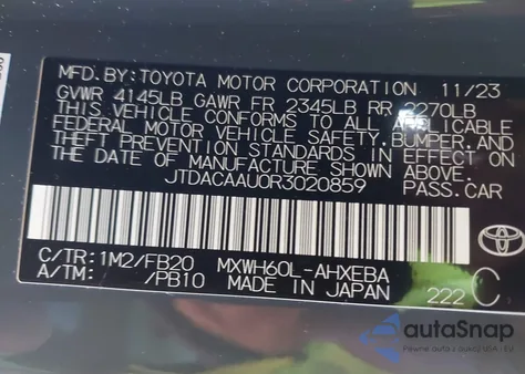 2024 Toyota Prius Le z USA, uszkodzony, nr VIN JTDACAAU0R3020859